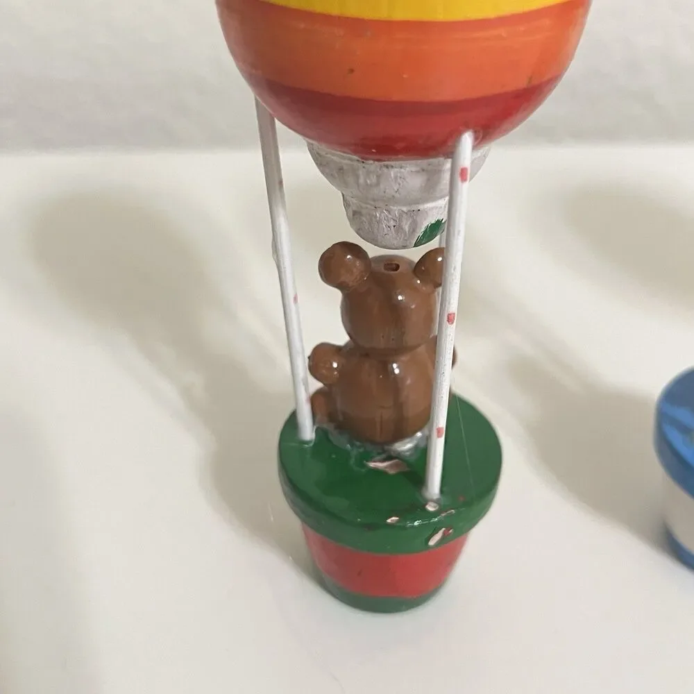 Vintage Wooden Rainbow Hot Air Balloon Ornaments Santa Snowman Bear Set of 4